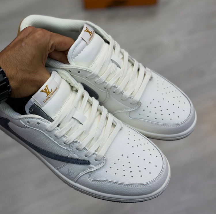 کفش مردانه نایک ایر جردن وان لو لویی ویتون سفید طوسی قهوهای روشن Nike Air Jordan 1 Low Louis Vuitton White Grey Light Brown