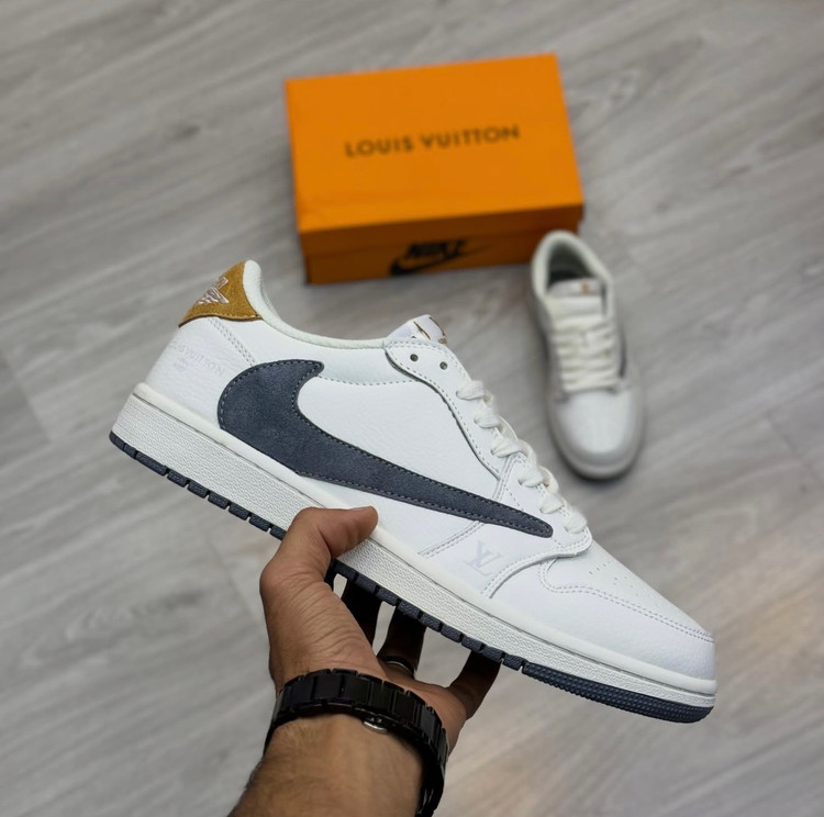 کفش مردانه نایک ایر جردن وان لو لویی ویتون سفید طوسی قهوهای روشن Nike Air Jordan 1 Low Louis Vuitton White Grey Light Brown