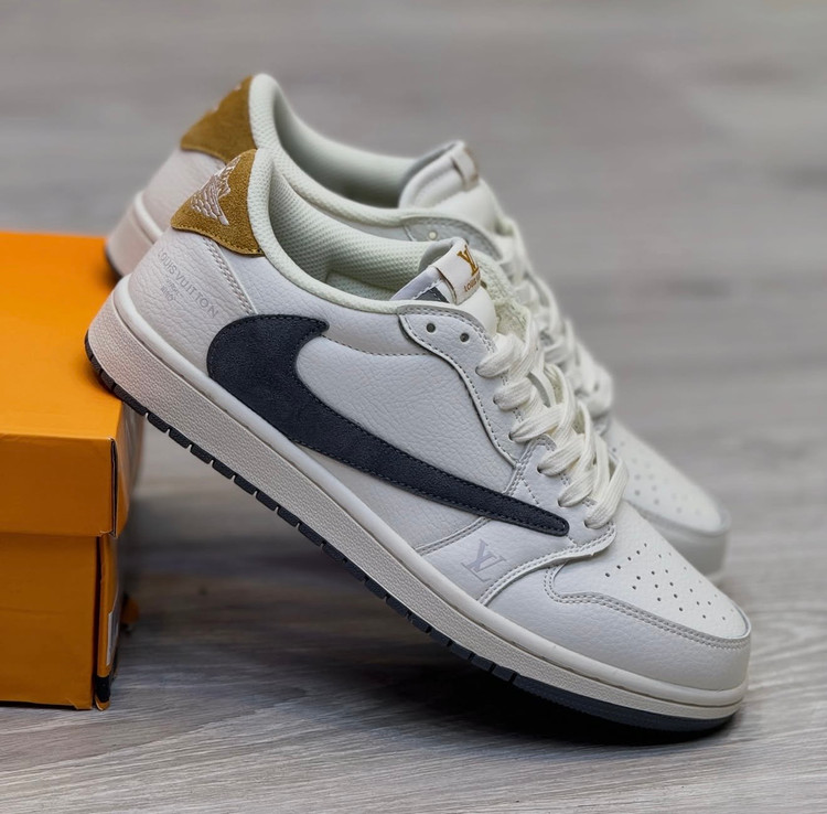 کفش مردانه نایک ایر جردن وان لو لویی ویتون سفید طوسی قهوهای روشن Nike Air Jordan 1 Low Louis Vuitton White Grey Light Brown