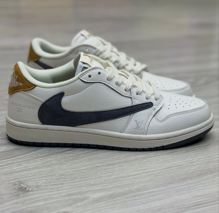 کفش مردانه نایک ایر جردن وان لو لویی ویتون سفید طوسی قهوهای روشن Nike Air Jordan 1 Low Louis Vuitton White Grey Light Brown