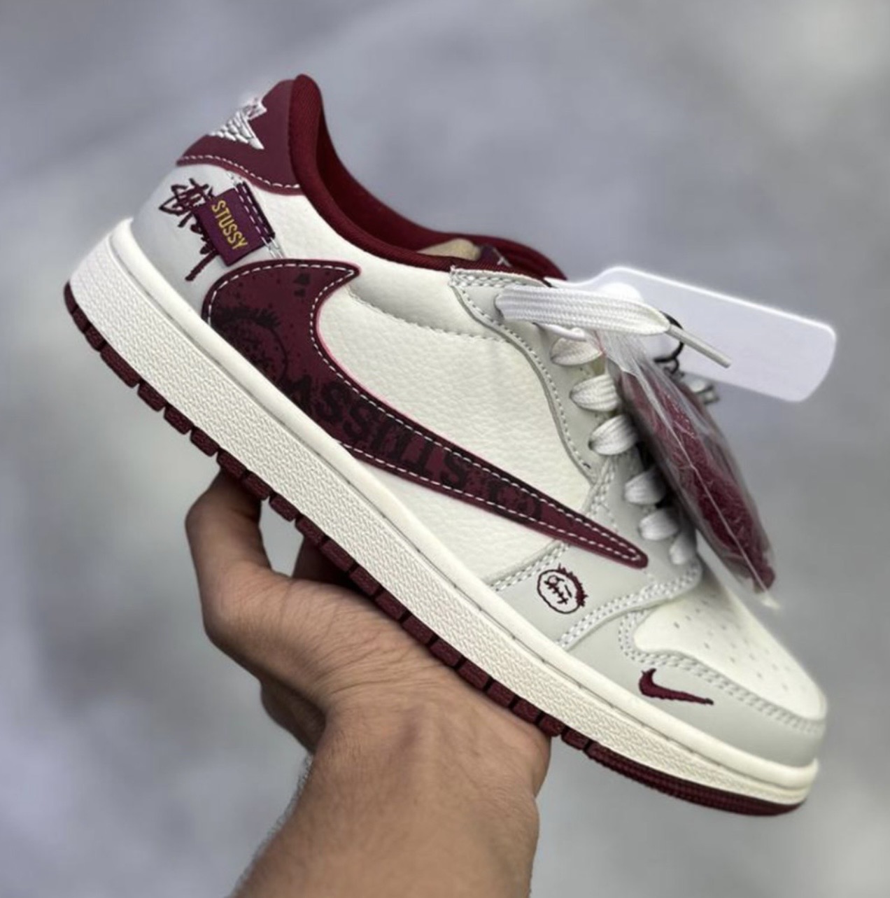 نایک ایر جردن وان لو استاسی کرم زرشکی مردانه و زنانه Nike Air Jordan 1 Low Stussy Cream Burgundy