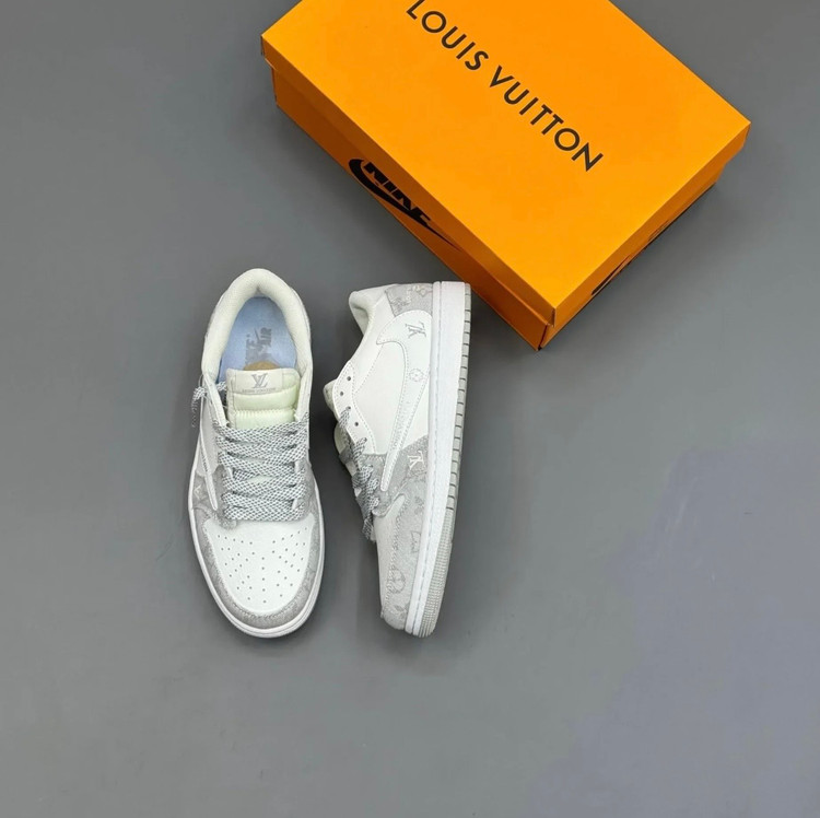 کفش جردن تراویس لویی ویتون سفید طوسی Jordan 1 x Travis Scott